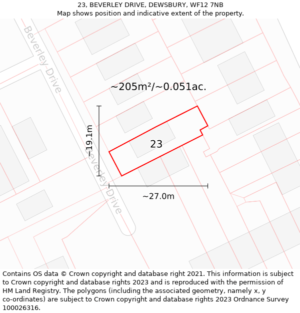 23, BEVERLEY DRIVE, DEWSBURY, WF12 7NB: Plot and title map