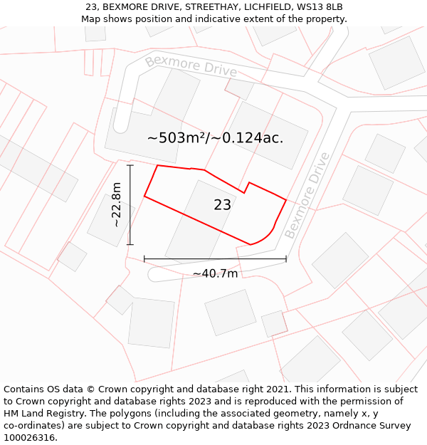 23, BEXMORE DRIVE, STREETHAY, LICHFIELD, WS13 8LB: Plot and title map