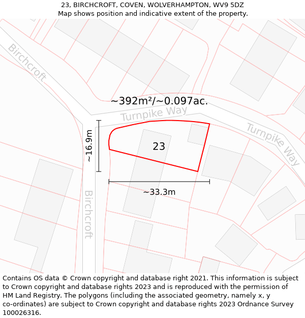 23, BIRCHCROFT, COVEN, WOLVERHAMPTON, WV9 5DZ: Plot and title map