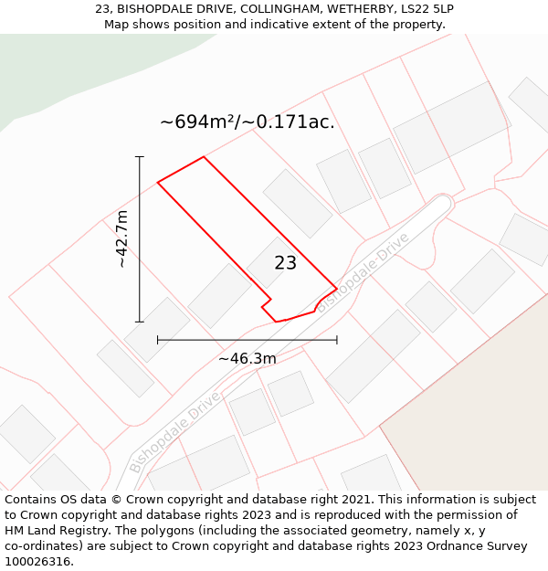 23, BISHOPDALE DRIVE, COLLINGHAM, WETHERBY, LS22 5LP: Plot and title map