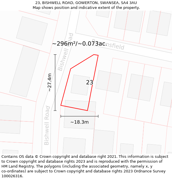 23, BISHWELL ROAD, GOWERTON, SWANSEA, SA4 3AU: Plot and title map