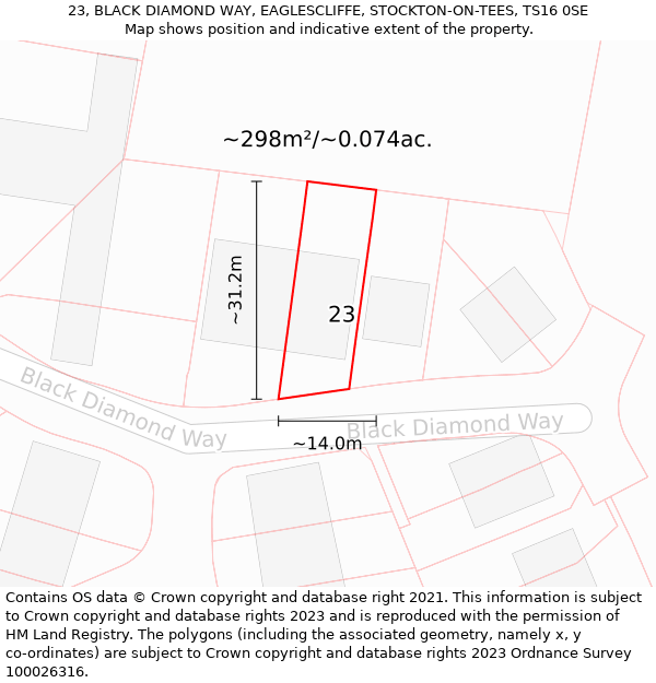 23, BLACK DIAMOND WAY, EAGLESCLIFFE, STOCKTON-ON-TEES, TS16 0SE: Plot and title map