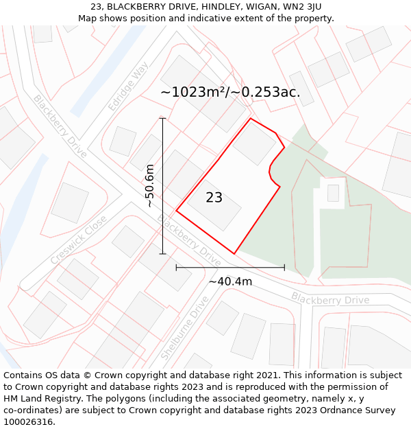 23, BLACKBERRY DRIVE, HINDLEY, WIGAN, WN2 3JU: Plot and title map