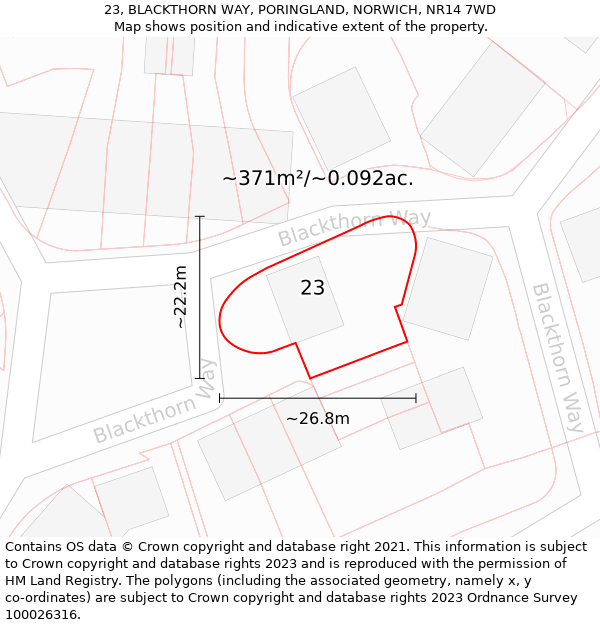 23, BLACKTHORN WAY, PORINGLAND, NORWICH, NR14 7WD: Plot and title map