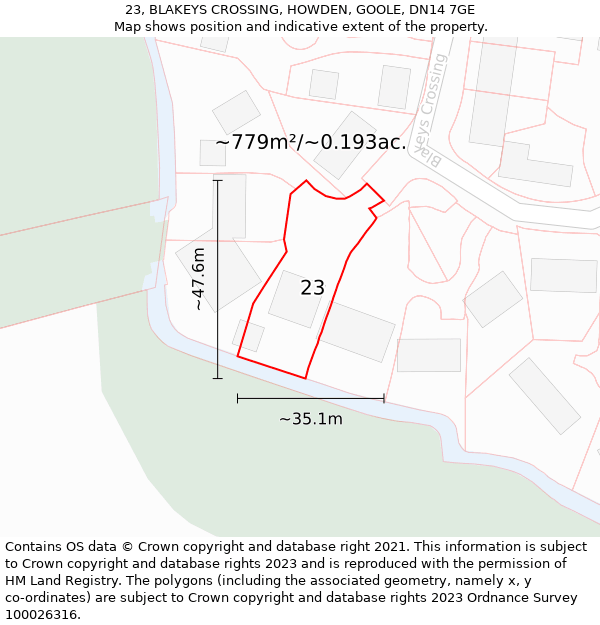 23, BLAKEYS CROSSING, HOWDEN, GOOLE, DN14 7GE: Plot and title map