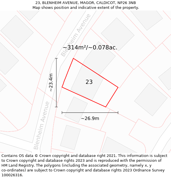 23, BLENHEIM AVENUE, MAGOR, CALDICOT, NP26 3NB: Plot and title map