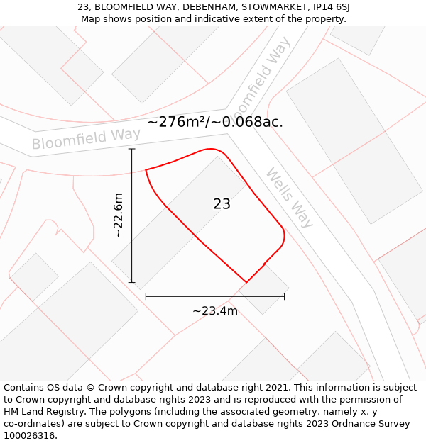 23, BLOOMFIELD WAY, DEBENHAM, STOWMARKET, IP14 6SJ: Plot and title map