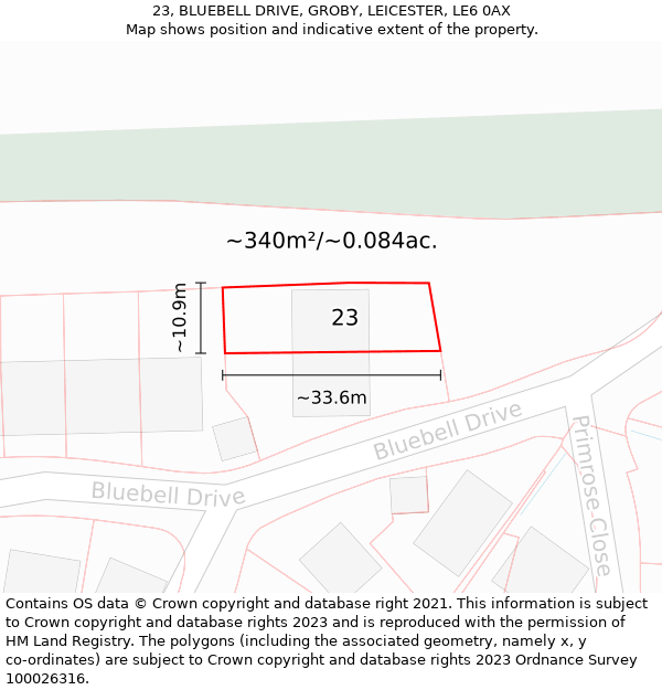 23, BLUEBELL DRIVE, GROBY, LEICESTER, LE6 0AX: Plot and title map