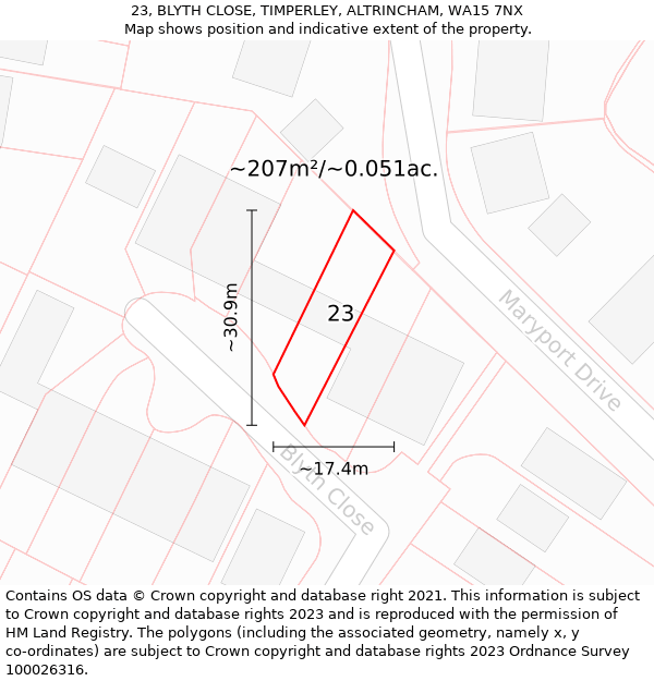 23, BLYTH CLOSE, TIMPERLEY, ALTRINCHAM, WA15 7NX: Plot and title map