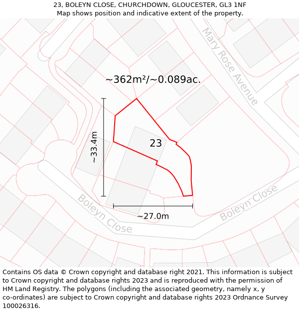 23, BOLEYN CLOSE, CHURCHDOWN, GLOUCESTER, GL3 1NF: Plot and title map