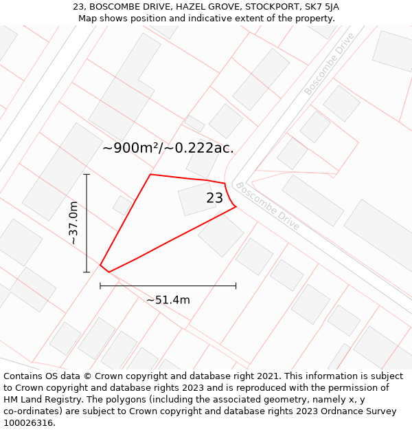 23, BOSCOMBE DRIVE, HAZEL GROVE, STOCKPORT, SK7 5JA: Plot and title map