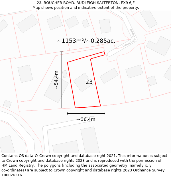 23, BOUCHER ROAD, BUDLEIGH SALTERTON, EX9 6JF: Plot and title map