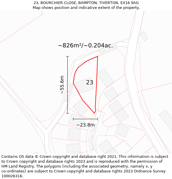 23, BOURCHIER CLOSE, BAMPTON, TIVERTON, EX16 9AG: Plot and title map
