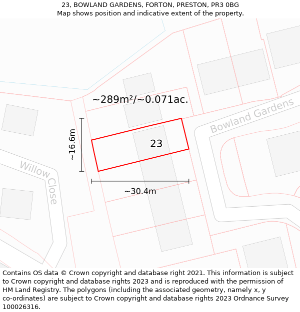 23, BOWLAND GARDENS, FORTON, PRESTON, PR3 0BG: Plot and title map