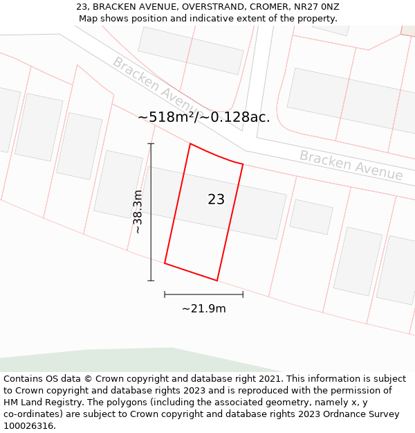 23, BRACKEN AVENUE, OVERSTRAND, CROMER, NR27 0NZ: Plot and title map