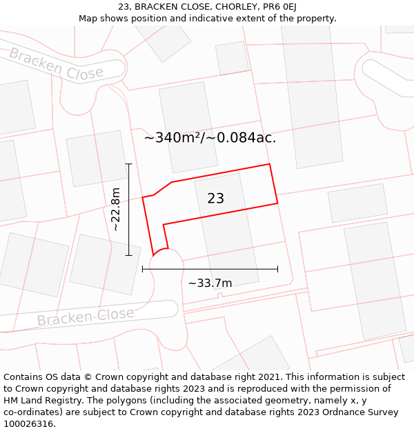 23, BRACKEN CLOSE, CHORLEY, PR6 0EJ: Plot and title map