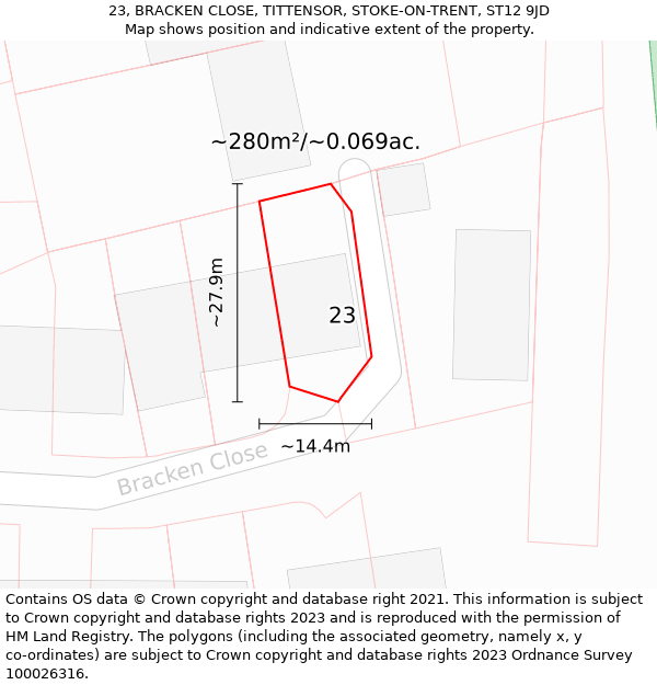 23, BRACKEN CLOSE, TITTENSOR, STOKE-ON-TRENT, ST12 9JD: Plot and title map