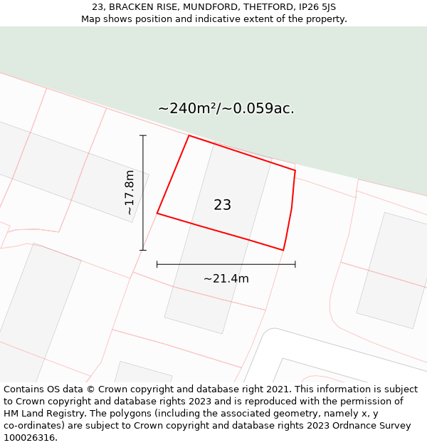 23, BRACKEN RISE, MUNDFORD, THETFORD, IP26 5JS: Plot and title map