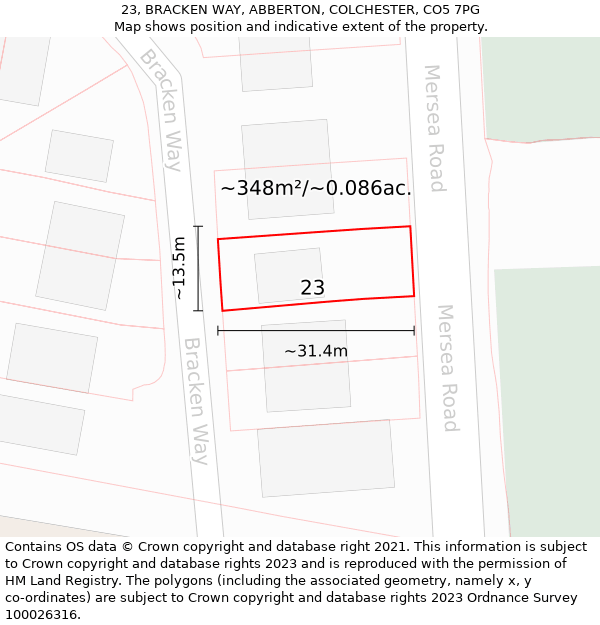 23, BRACKEN WAY, ABBERTON, COLCHESTER, CO5 7PG: Plot and title map