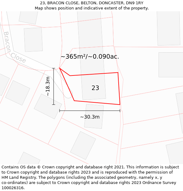 23, BRACON CLOSE, BELTON, DONCASTER, DN9 1RY: Plot and title map