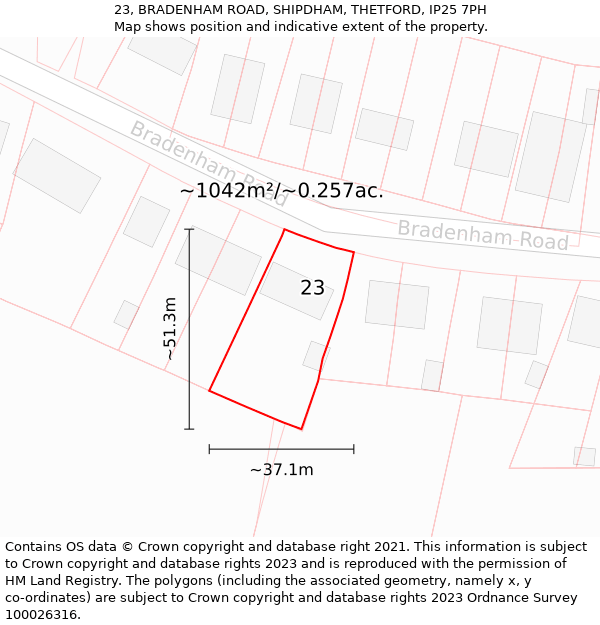 23, BRADENHAM ROAD, SHIPDHAM, THETFORD, IP25 7PH: Plot and title map