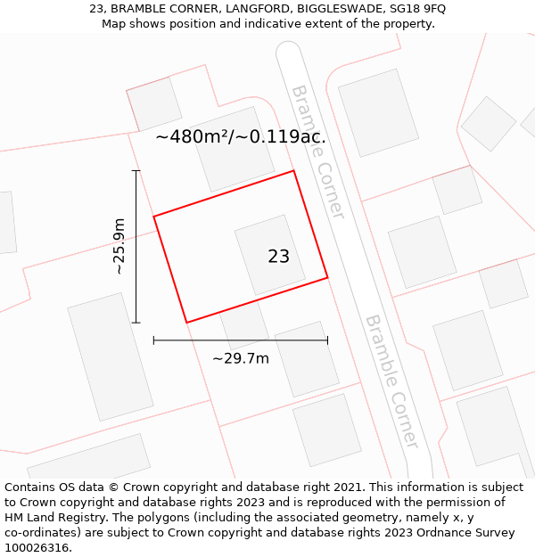 23, BRAMBLE CORNER, LANGFORD, BIGGLESWADE, SG18 9FQ: Plot and title map