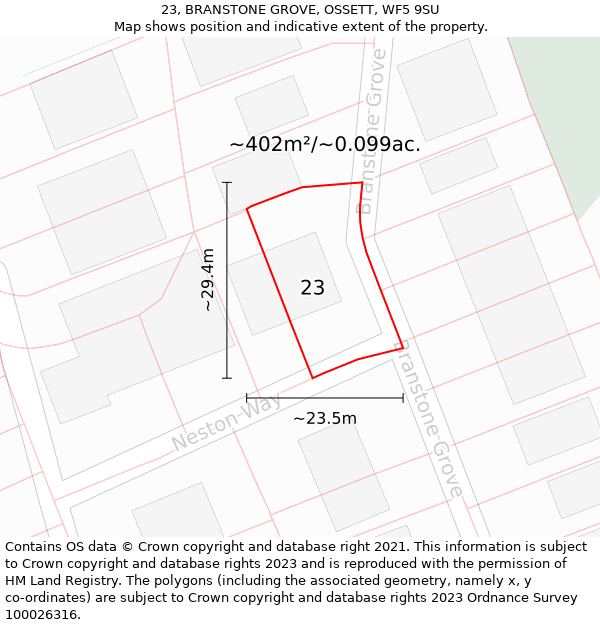 23, BRANSTONE GROVE, OSSETT, WF5 9SU: Plot and title map