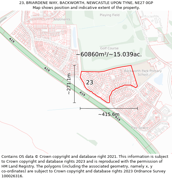 23, BRIARDENE WAY, BACKWORTH, NEWCASTLE UPON TYNE, NE27 0GP: Plot and title map