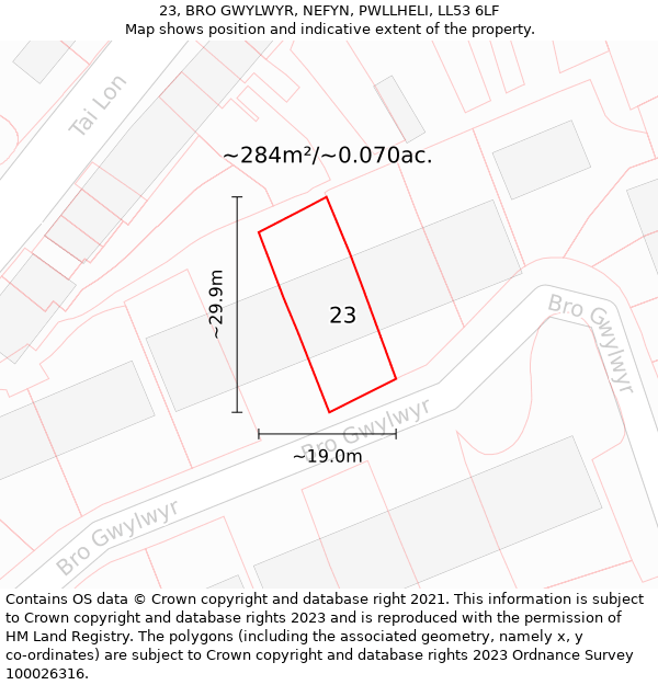 23, BRO GWYLWYR, NEFYN, PWLLHELI, LL53 6LF: Plot and title map