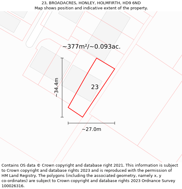 23, BROADACRES, HONLEY, HOLMFIRTH, HD9 6ND: Plot and title map