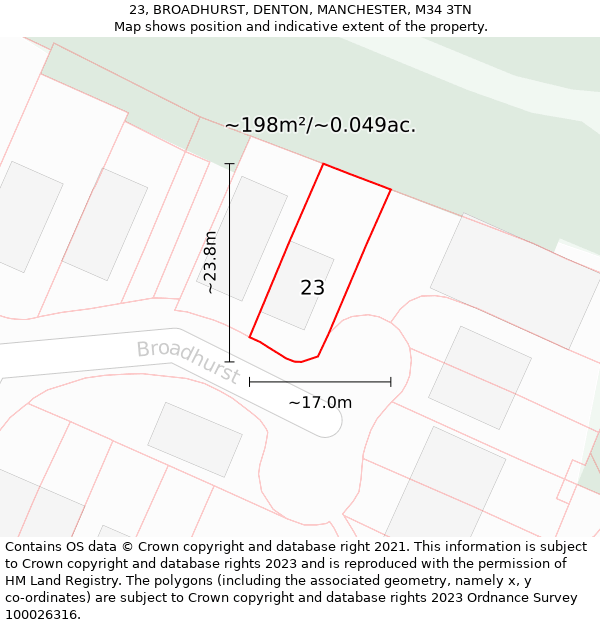 23, BROADHURST, DENTON, MANCHESTER, M34 3TN: Plot and title map