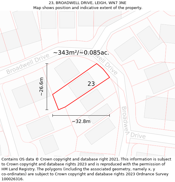 23, BROADWELL DRIVE, LEIGH, WN7 3NE: Plot and title map