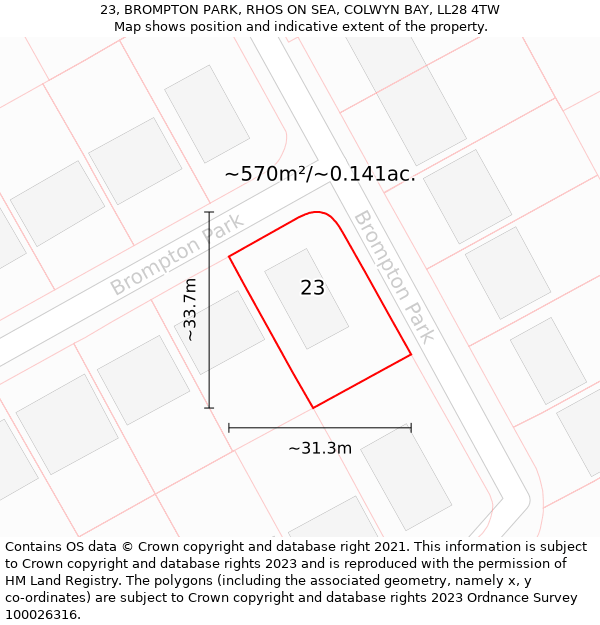 23, BROMPTON PARK, RHOS ON SEA, COLWYN BAY, LL28 4TW: Plot and title map