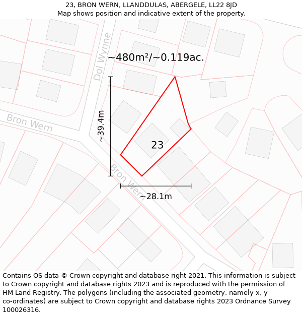 23, BRON WERN, LLANDDULAS, ABERGELE, LL22 8JD: Plot and title map