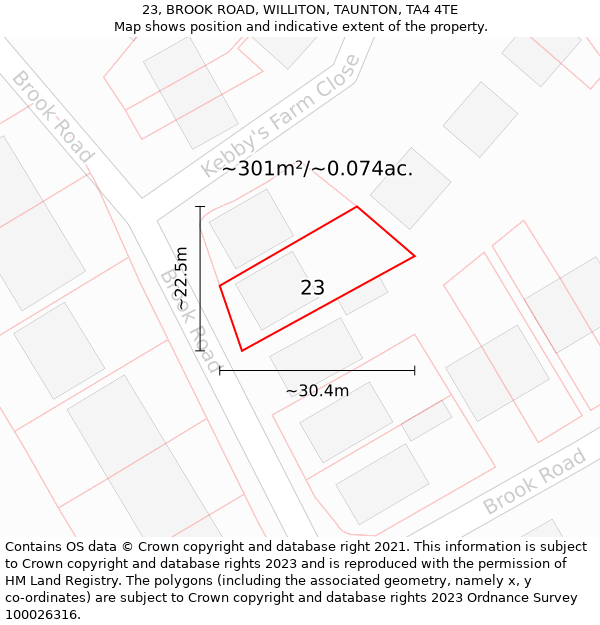 23, BROOK ROAD, WILLITON, TAUNTON, TA4 4TE: Plot and title map