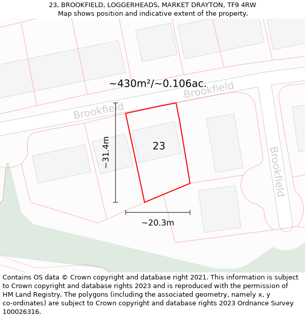 23, BROOKFIELD, LOGGERHEADS, MARKET DRAYTON, TF9 4RW: Plot and title map