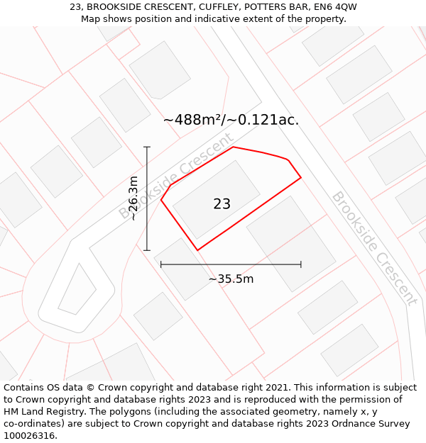 23, BROOKSIDE CRESCENT, CUFFLEY, POTTERS BAR, EN6 4QW: Plot and title map