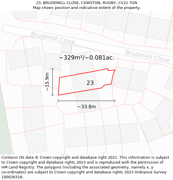 23, BRUDENELL CLOSE, CAWSTON, RUGBY, CV22 7GN: Plot and title map