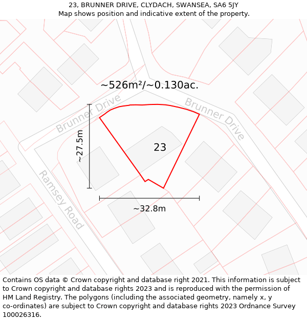 23, BRUNNER DRIVE, CLYDACH, SWANSEA, SA6 5JY: Plot and title map