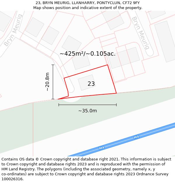 23, BRYN MEURIG, LLANHARRY, PONTYCLUN, CF72 9FY: Plot and title map