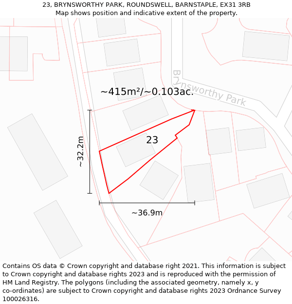 23, BRYNSWORTHY PARK, ROUNDSWELL, BARNSTAPLE, EX31 3RB: Plot and title map