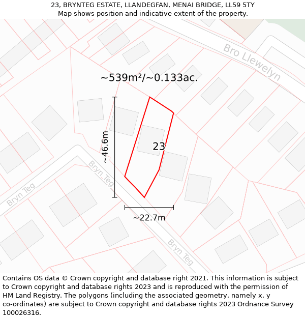 23, BRYNTEG ESTATE, LLANDEGFAN, MENAI BRIDGE, LL59 5TY: Plot and title map