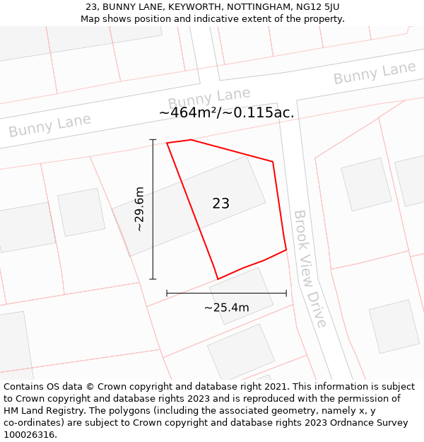 23, BUNNY LANE, KEYWORTH, NOTTINGHAM, NG12 5JU: Plot and title map