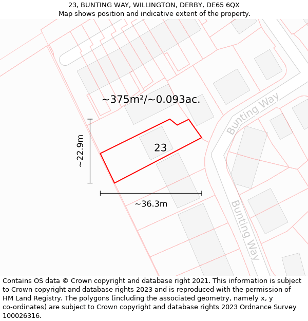 23, BUNTING WAY, WILLINGTON, DERBY, DE65 6QX: Plot and title map