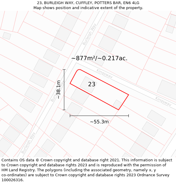 23, BURLEIGH WAY, CUFFLEY, POTTERS BAR, EN6 4LG: Plot and title map