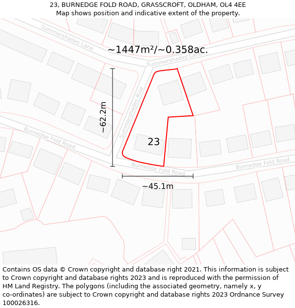 23, BURNEDGE FOLD ROAD, GRASSCROFT, OLDHAM, OL4 4EE: Plot and title map