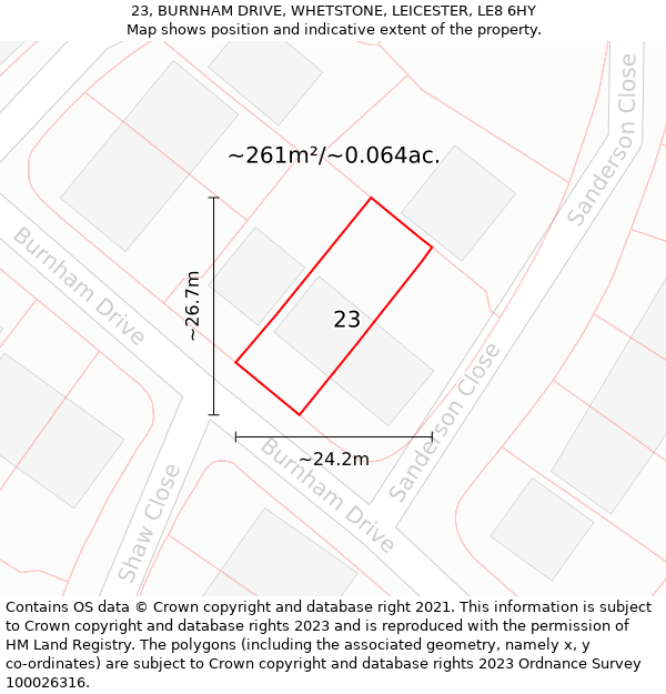 23, BURNHAM DRIVE, WHETSTONE, LEICESTER, LE8 6HY: Plot and title map