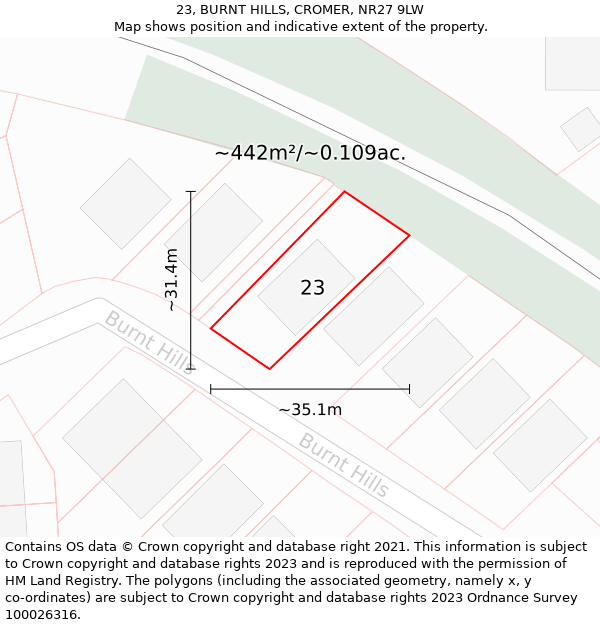 23, BURNT HILLS, CROMER, NR27 9LW: Plot and title map