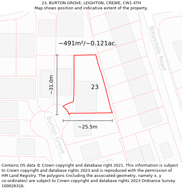 23, BURTON GROVE, LEIGHTON, CREWE, CW1 4TH: Plot and title map