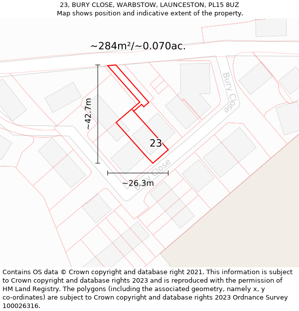 23, BURY CLOSE, WARBSTOW, LAUNCESTON, PL15 8UZ: Plot and title map